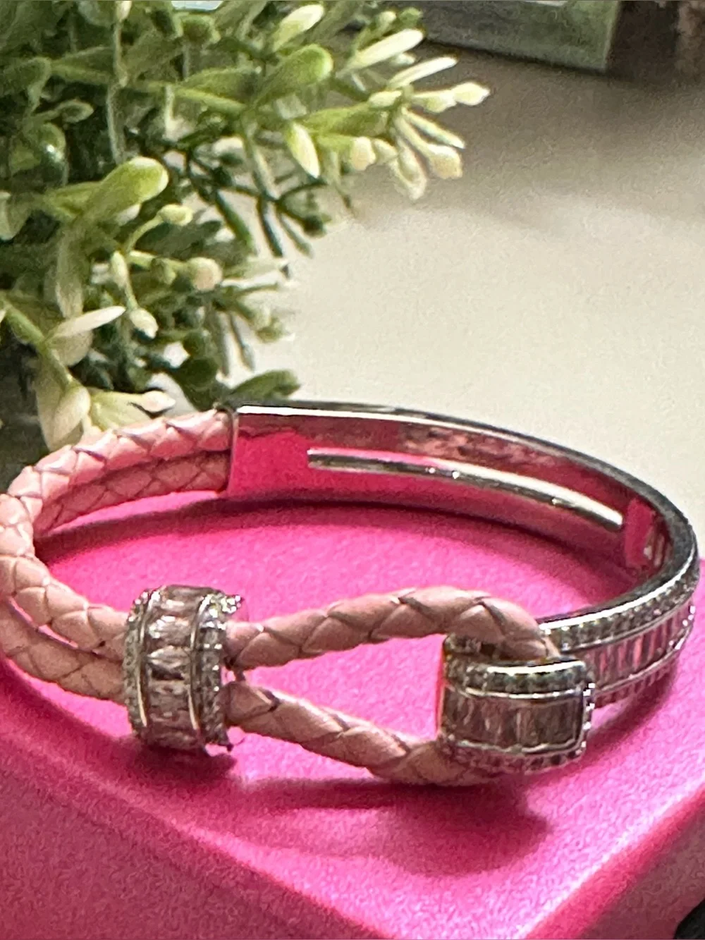 Braided Pink Leather Bracelet with Silver Bar Accent